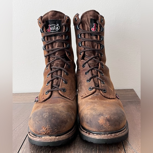 Justin Drywall Brown Leather Waterproof Lace Up Boots Safety Toe Mens size 9 D - Picture 5 of 11